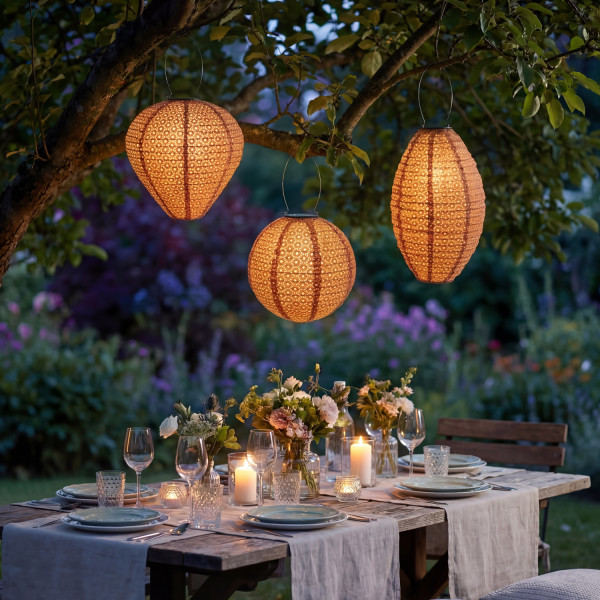 LED Solar Lampions mit Blumenmuster - oval/rund/Ballonform - Lichtsensor - braun - 3er Set