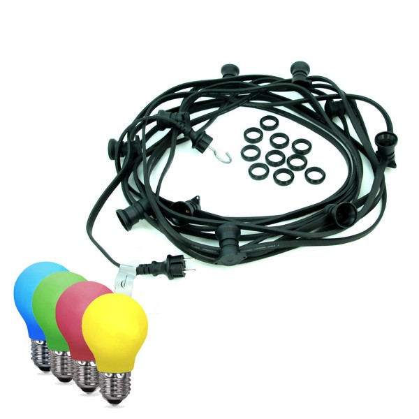ILLU-Lichterkette BLACKY - 10m - 10 x E27 - IP44 - bunte LED Tropfenlampen - SATISFIRE