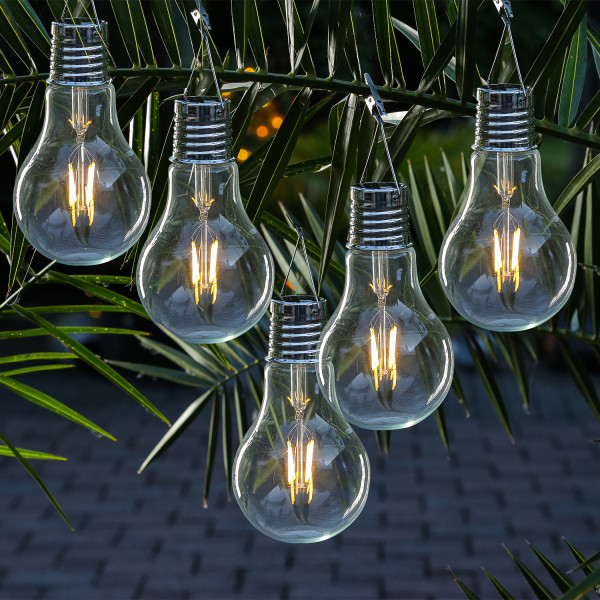 LED Solar XL Glühbirne - warmweißes Filament - H: 18cm - Dämmerungssensor - für Außen - 5 Stück