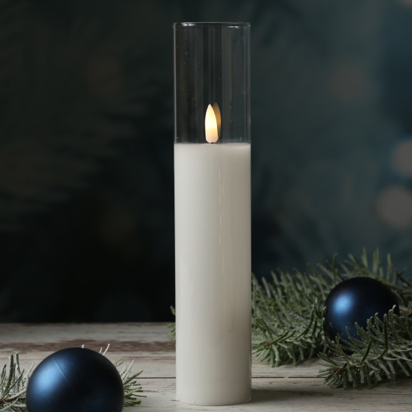 LED Kerze im Glas - Windlicht - Echtwachs - flackernde 3D Flamme - Timer - H: 25cm - weiß