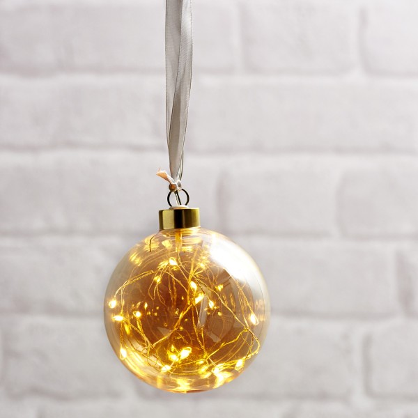 Glaskugel GLOW - amber Glas - 15 warmweiße LED am Draht - D: 10cm - Batteriebetrieb - Timer