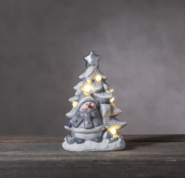 LED Keramik Figur "Friends" - Schneemann/Weihnachtsbaum - 5 warmweiße LED - H:23cm - Batteriebetrieb