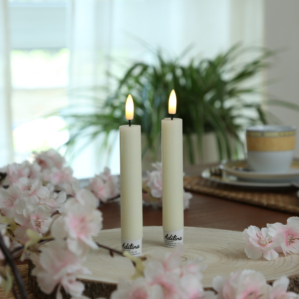 LED Stabkerzen LINA - Rustik-Optik - Echtwachs - 3D Flamme - H: 16cm - Timer - creme - 2er Set