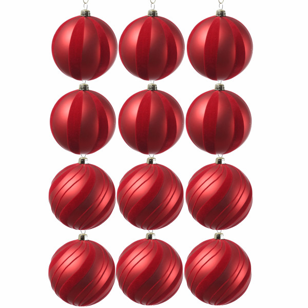 Christbaumkugeln mit Samtstreifen - Weihnachtsbaumkugeln - bruchfest - D: 8cm - rot - 12er Set