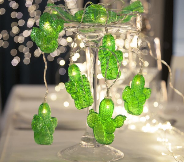 LED Lichterkette "Kaktus" - 10 grüne Kakteen - warmweiße LED - L: 1,35m - Batterie - Timer