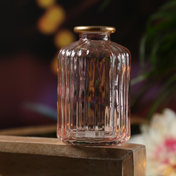 Mini Glasvase mit Rillen - Dekovase - Blumenvase - mit Goldrand - H: 10cm - rosa