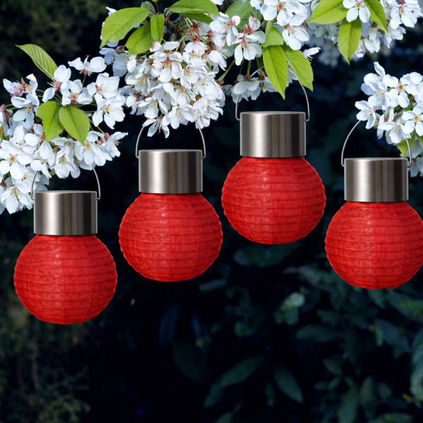 LED Solar Mini Lampions - kaltweiße LED - H: 9,5cm - D: 7cm - Lichtsensor - rot - 4er Set