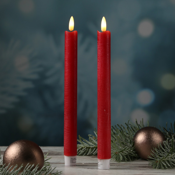 LED Stabkerzen LINA - Rustik-Optik - Echtwachs - flackernd - H: 25cm - Timer - rot - 2er Set