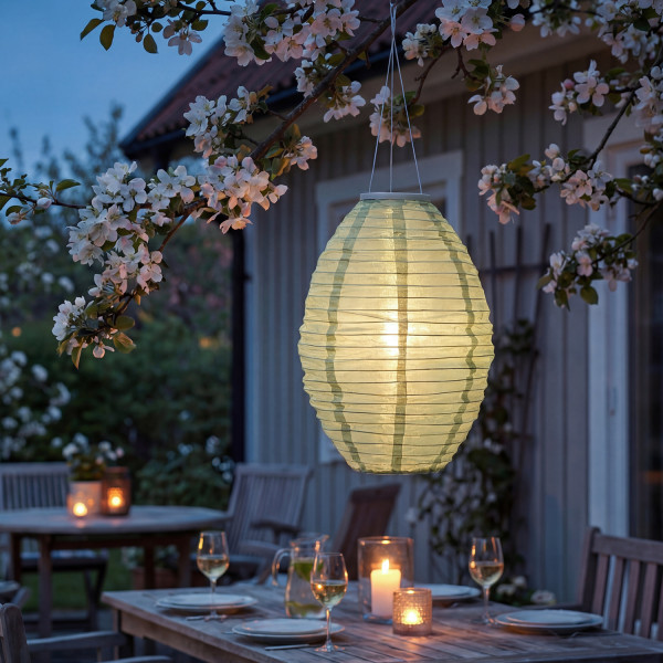 LED Solar Lampion oval - warmweiße LED - H: 33cm - D: 22cm - Lichtsensor - grün