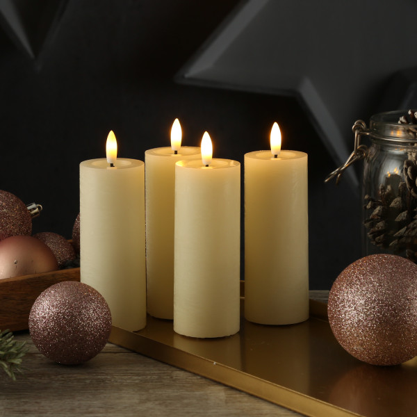 LED Kerzenset LINA - Rustik-Optik - Echtwachs - H: 12,5cm - D: 5cm - Timer - creme - 4er Set