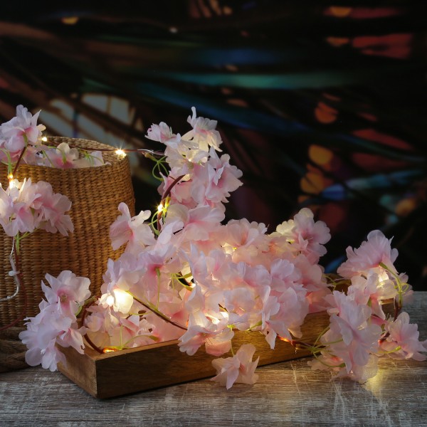 LED Lichterkette Kirschblüten - Blumengirlande - 20 warmweiße LED - Batterie - Timer - L:1,8m - rosa