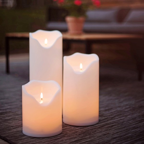 XXL LED Kerzen Flamme - Kunststoff - flackernde 3D Flamme - Timer - Außen - weiß - 3er Set