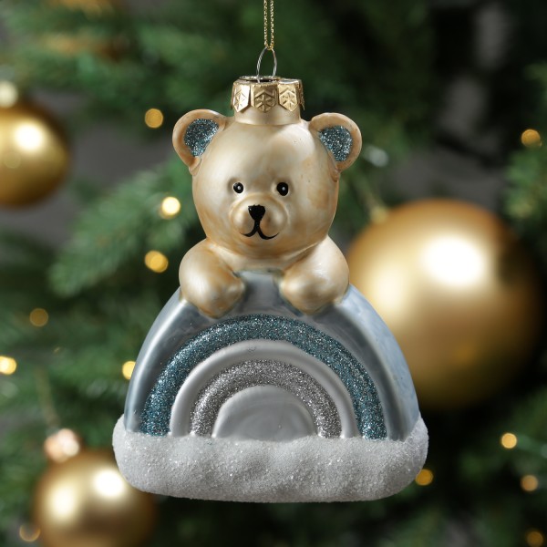 Weihnachtsbaumschmuck Teddybär mit Regenbogen - Christbaumschmuck - Glas - H: 13,5cm - blau