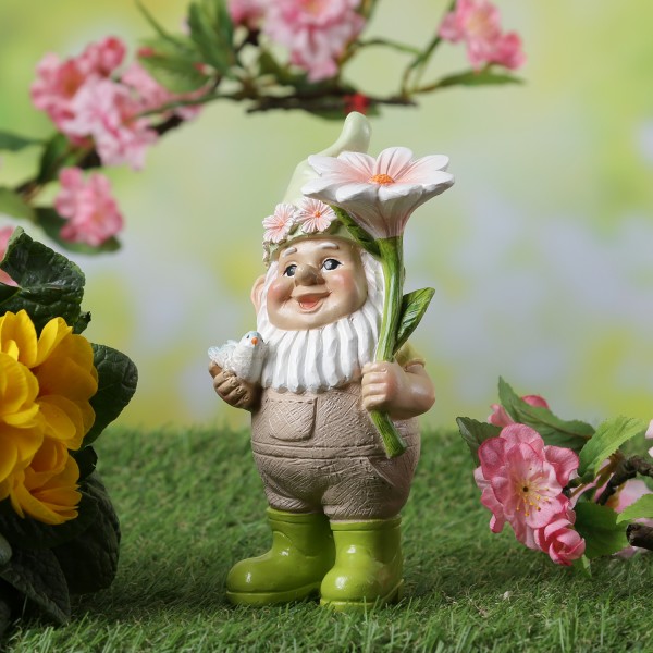 Gartenzwerg BERT - Zwerg mit Vögelchen und Blume - Gartenfigur - Polyresin - H: 17,5cm - bunt