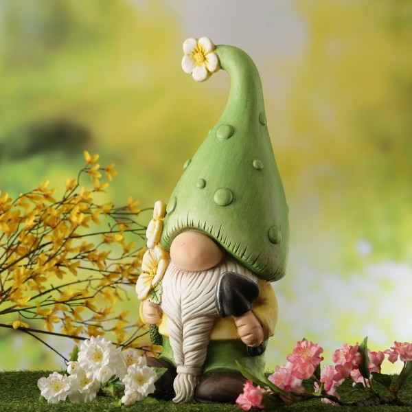 Gartenzwerg DAVID - Zwerg mit Spaten und Blumen - Gartenfigur - Polyresin - H: 45cm - grün