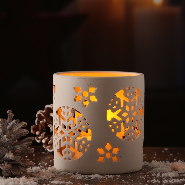 Teelichthalter SCHNEEFLOCKE - Windlicht - Porzellan - H: 10cm, D: 9,5cm - weiß/gold