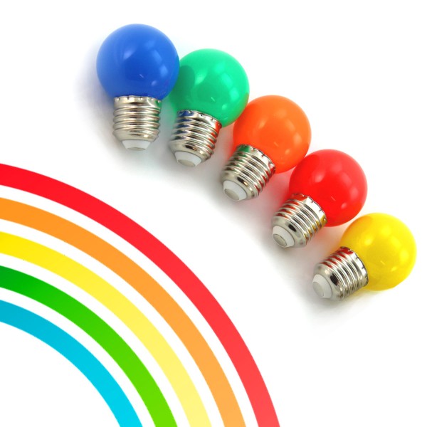10er Set bunte LED Kugellampen (je 2x rot, grün, blau, gelb, orange) 1W-E27-G45