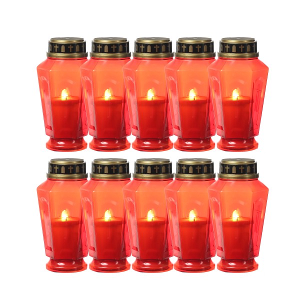 LED Grablicht - Grabkerze - orange flackernd - Timer- H: 15,5cm - für Außen - rot - 10er Set