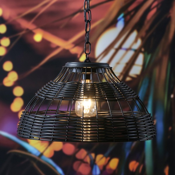 LED Solar Hängeleuchte - Lampenschirm in Korboptik - warmweiße LED - D: 37cm - Lichtsensor - schwarz