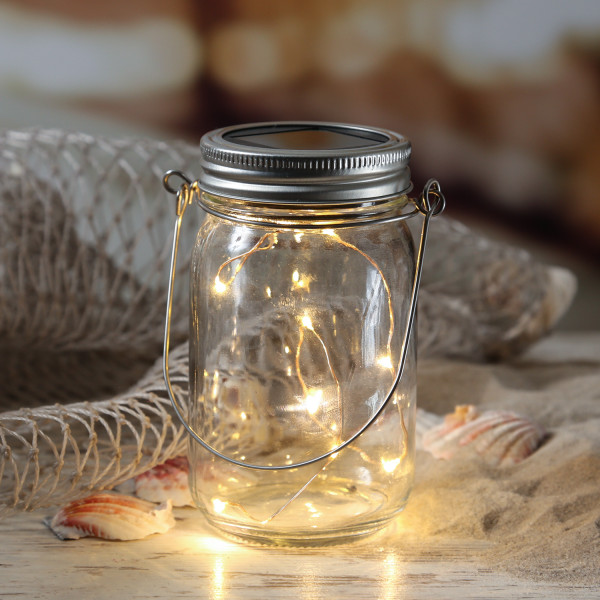 LED Solar Glas - Windlicht mit Drahtlichterkette - Lichtsensor - H: 13cm - transparent