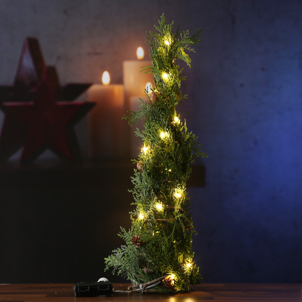 LED Minibaum THUJA - kleine braune Zapfen - 20 warmweiße LED - H: 55cm - Timer - Batterie - grün