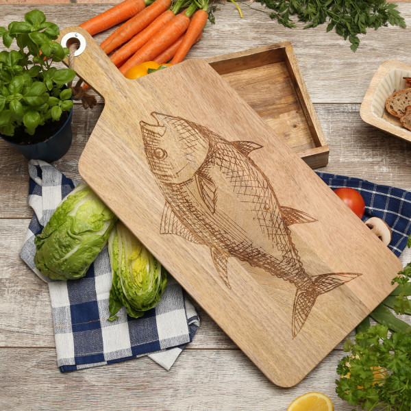Schneidebrett - Vesperbrett - Fischmotiv - Mangoholz - Kordel - L: 58cm - natur