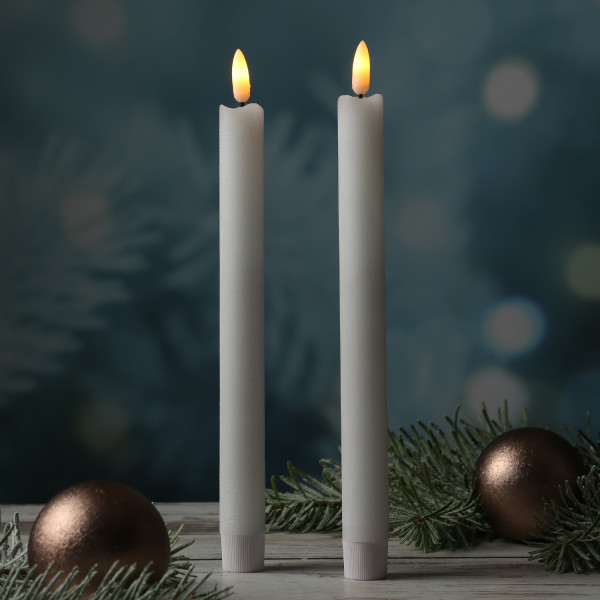 LED Stabkerzen LINA - Rustik-Optik - Echtwachs - flackernd - H: 25cm - Timer - weiß - 2er Set