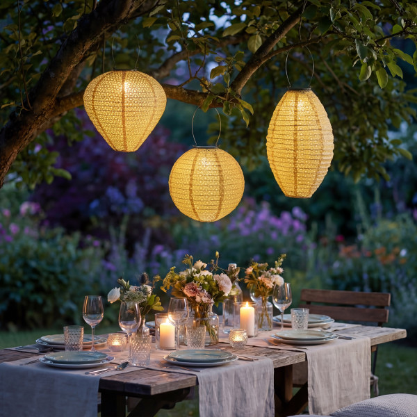LED Solar Lampions mit Blumenmuster - oval/rund/Ballonform - Lichtsensor - gelb - 3er Set