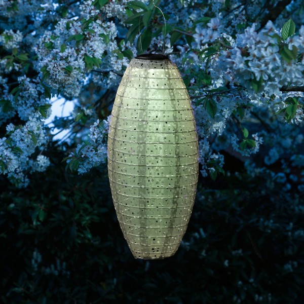 LED Solar Lampion oval - mit Blumenmuster - warmweiße LED - H: 40cm - D: 20cm - Lichtsensor - grün