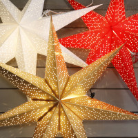 Vorschau: Papierstern Dot - hängend - 7-zackig - D: 70cm - inkl. E14 Fassung u. Kabel - gold Vorschau: Papierstern Dot - hängend - 7-zackig - D: 70cm - inkl. E14 Fassung u. Kabel - gold