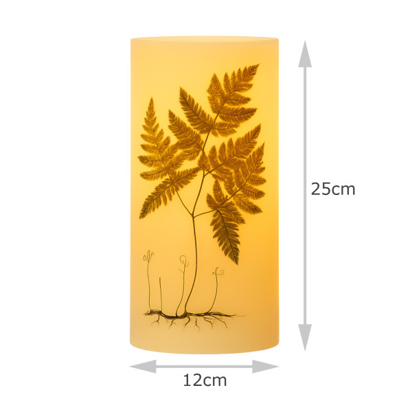 XXL LED Kerze mit Farndruck - Echtwachs - flackernde LED - H: 25cm - D: 12cm - weiß/grün