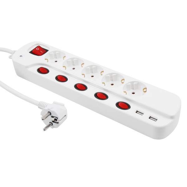 5-fach Steckdosenleiste mit Einzelschalter + 2 x USB , weiß, 1,5m Zuleitung - max 3600W