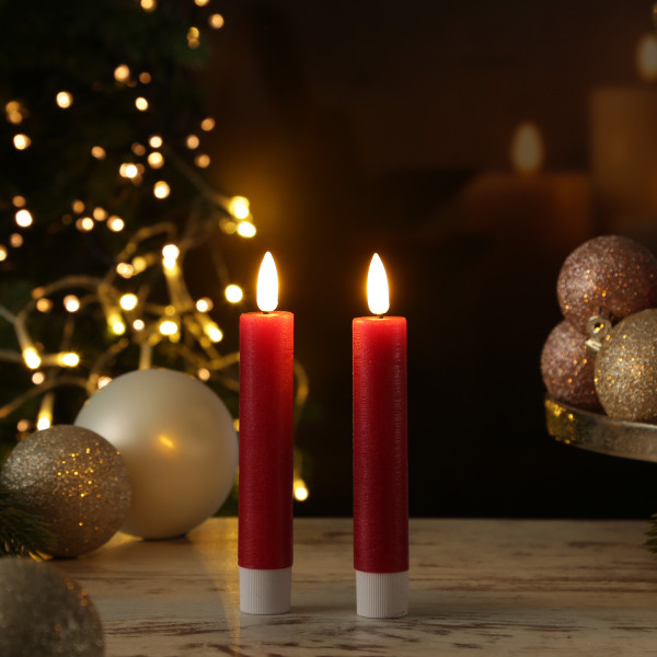 LED Stabkerzen LINA - Rustik-Optik - Echtwachs - 3D Flamme - H: 16cm - Timer - rot - 2er Set