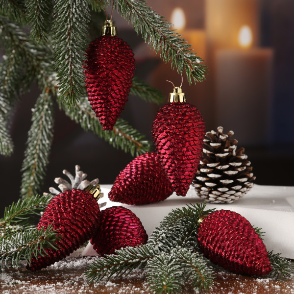 Christbaumschmuck ZAPFEN - Weihnachtsbaumschmuck - bruchfest - glitzernd - H:8cm - weinrot - 6er Set