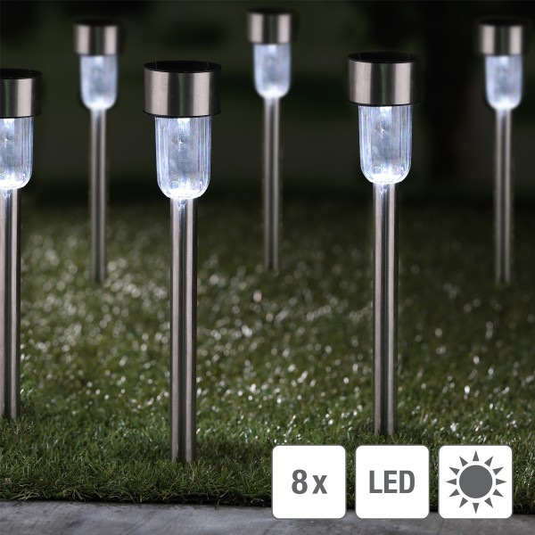 LED Solar Wegleuchte mit Erdspieß - Edelstahl - weiße LED - H: 36cm - silber - 8er Set