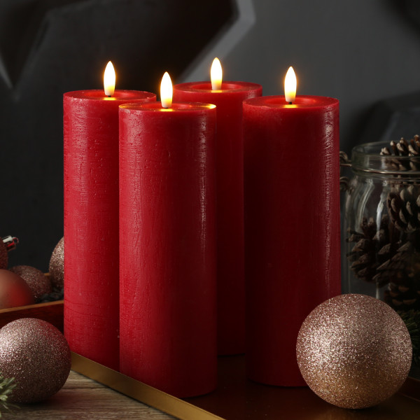 LED Kerzenset LINA - Rustik-Optik - Echtwachs - H: 20cm - D: 7cm - Timer - rot - 4er Set