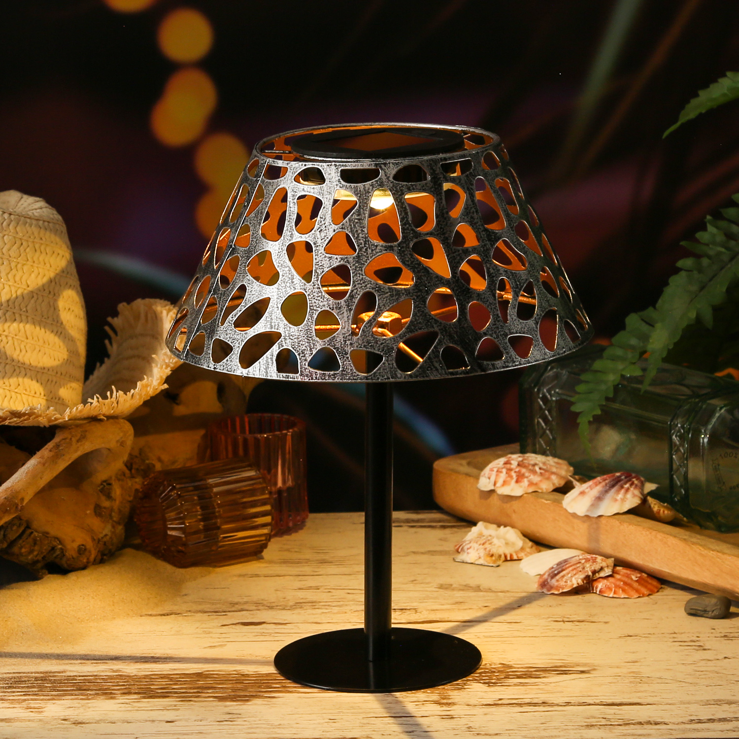 LED Solar Tischleuchte MALIA - 2in1 - H: 25,5cm - D: 19,8cm - Lichtsensor -  für Außen - silber | www.marelida.de