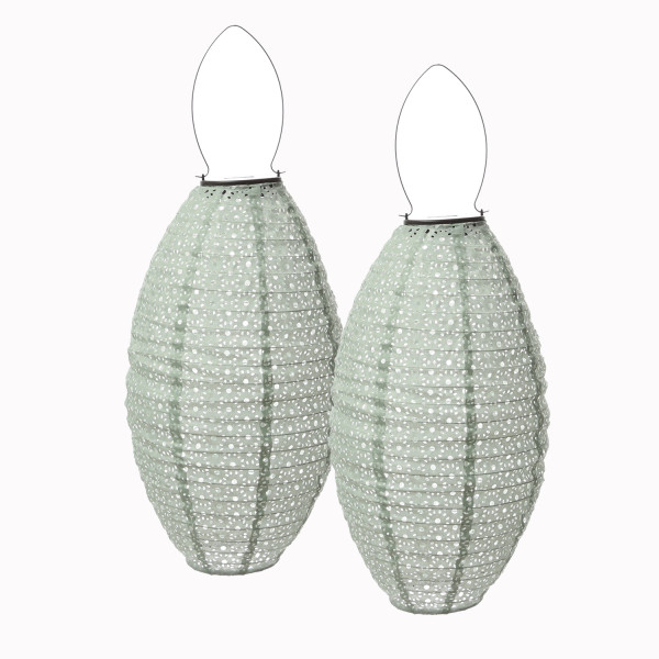 LED Solar Lampions oval - mit Blumenmuster - H: 38cm - D: 23cm - Lichtsensor - grün - 2er Set