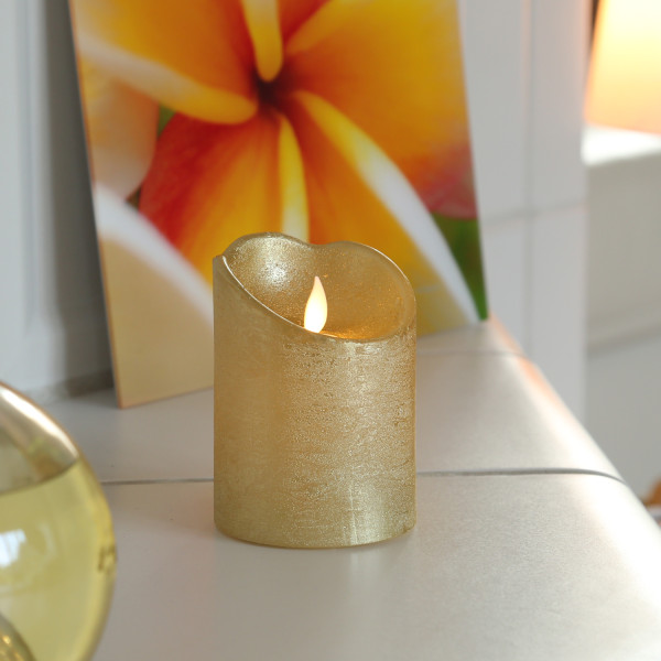 LED Kerze mit beweglicher Flamme - Rustik-Optik - Echtwachs - Timer - H: 10cm - D: 7,5cm - gold