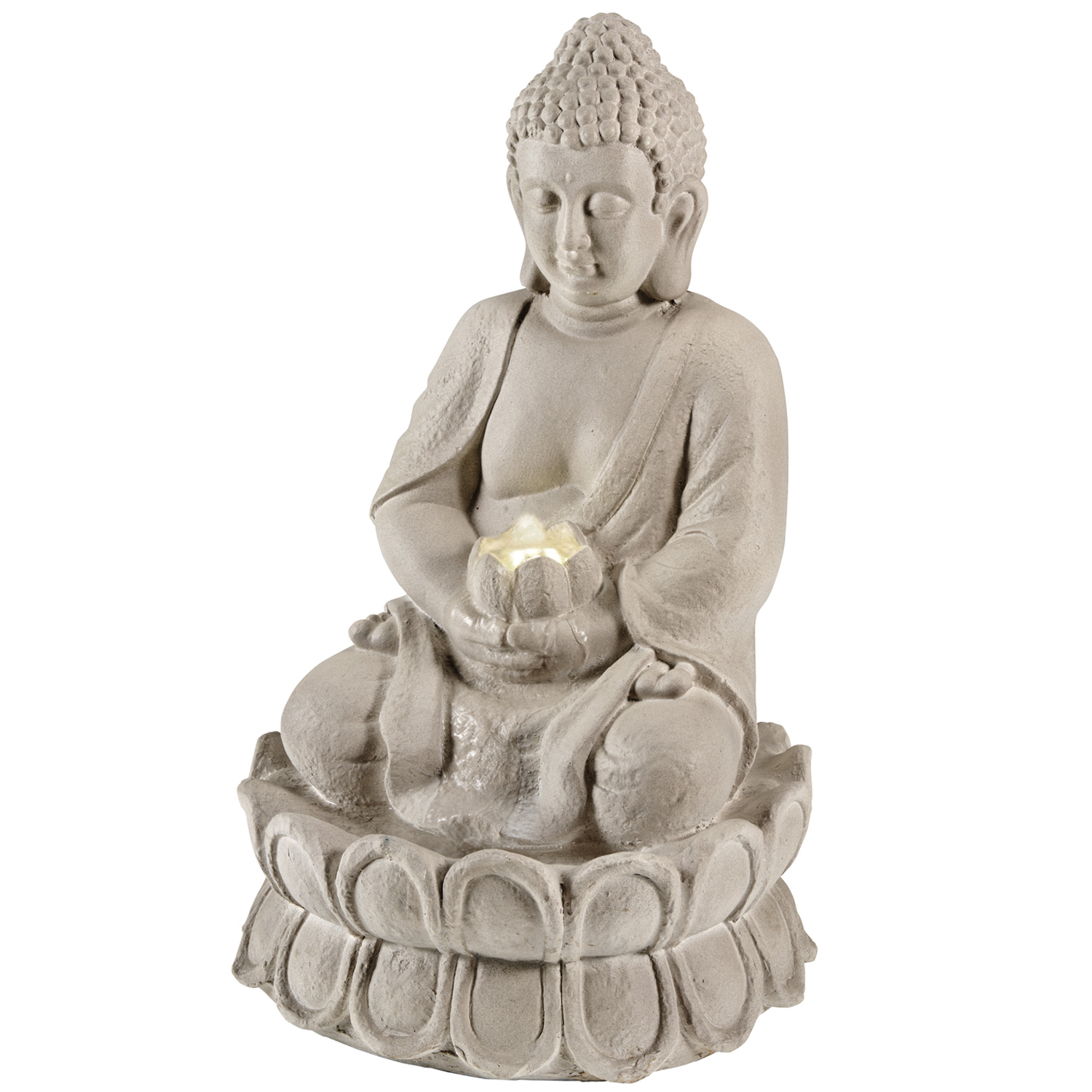 LED Solar Brunnen Buddha Gartenbrunnen GRC Beton 6 warmweiße LED