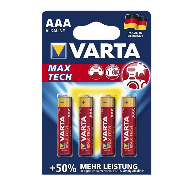 Varta Batterie Micro AAA - LONGLIFE MAX POWER - 4 Stück - Typ: LR03 - 1,5V - 50% mehr Leistung