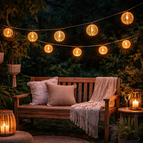 LED Solar Lichterkette Kugeln - 10 Kugeln in Rattanoptik - L: 2,7m - Lichtsensor - braun