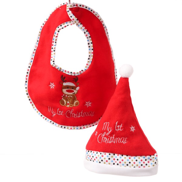 Baby Weihnachts-Geschenkset 1st CHRISTMAS - Mütze und Lätzchen mit Rentier - Polyester - rot, weiß