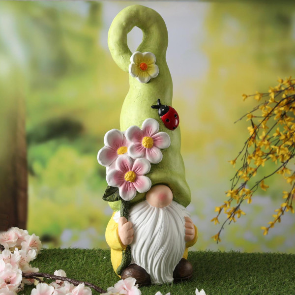 Gartenzwerg mit grüner Zipfelmütze und Blumen - XL Gartenfigur - Polyresin - H: 49cm