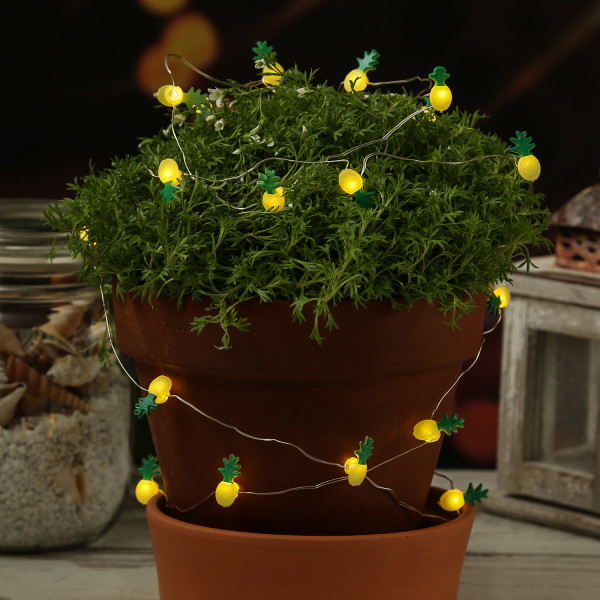 LED Drahtlichterkette Ananas - 20 warmweiße LED - Batteriebetrieb - L: 1,9m - gelb/grün