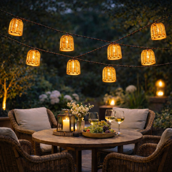 LED Solar Lichterkette Boho - 8 Lampenschirme in Rattanoptik - L: 2,1m - Lichtsensor