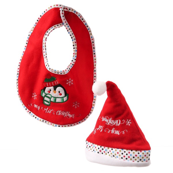 Baby Weihnachts-Geschenkset 1st CHRISTMAS - Mütze und Lätzchen mit Pinguin - Polyester - rot, weiß