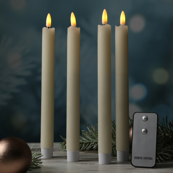 LED Stabkerzen LINA - Rustik-Optik - Echtwachs - H: 24cm - Fernbedienung - creme - 4er Set