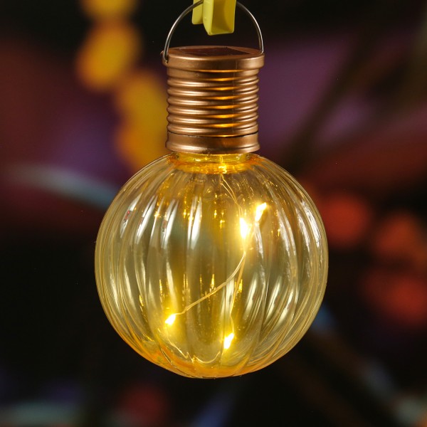 LED Solar Glühbirne GLOW - Kugelleuchte - 4 warmweiße LED Drahtlichterkette - H: 11cm D:8cm - gelb