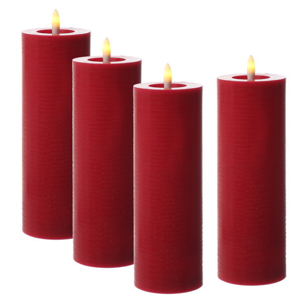 LED Kerzenset LINA - Rustik-Optik - Echtwachs - H: 20cm - D: 7cm - Timer - rot - 4er Set